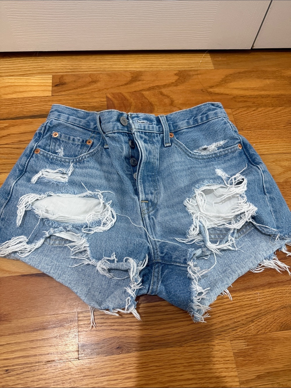 Levi's Light Blue Distressed High-Rise Denim Shorts